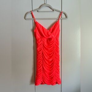 Lucy in the Sky Neon Coral Ruched Mini Dress – S